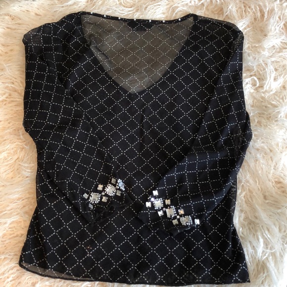 Rhinestone pearl sheer v neck top - Picture 2 of 2